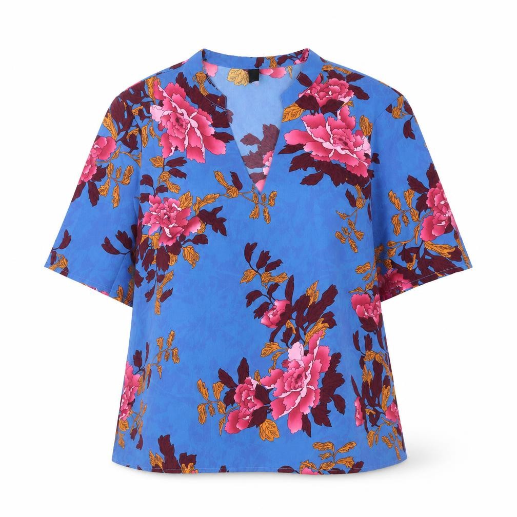 Y.A.S Womens Blue Floral Polyester Basic Blouse Size L V-Neck