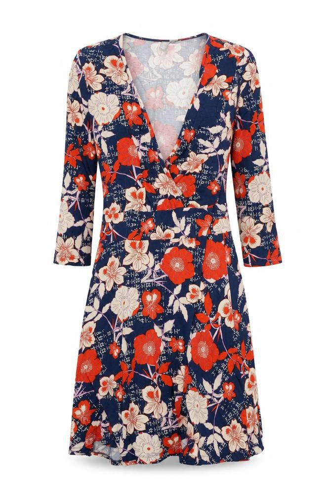 ASOS Womens Blue Floral Polyester Fit & Flare Size 10 V-Neck Pullover - Wrap Front