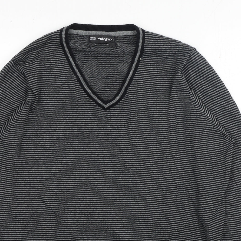 Marks and Spencer Mens Black V-Neck Striped Cotton Pullover Jumper Size S Long Sleeve
