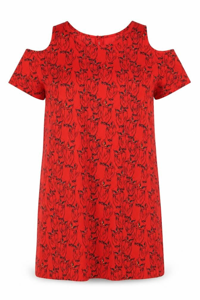 Atmosphere Womens Red Geometric Polyester T-Shirt Dress Size 8 Round Neck Button - Owl Pattern Cold Shoulder