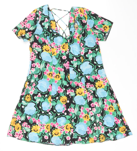 ASOS Womens Multicoloured Floral Polyester Skater Dress Size 10 Sweetheart Button
