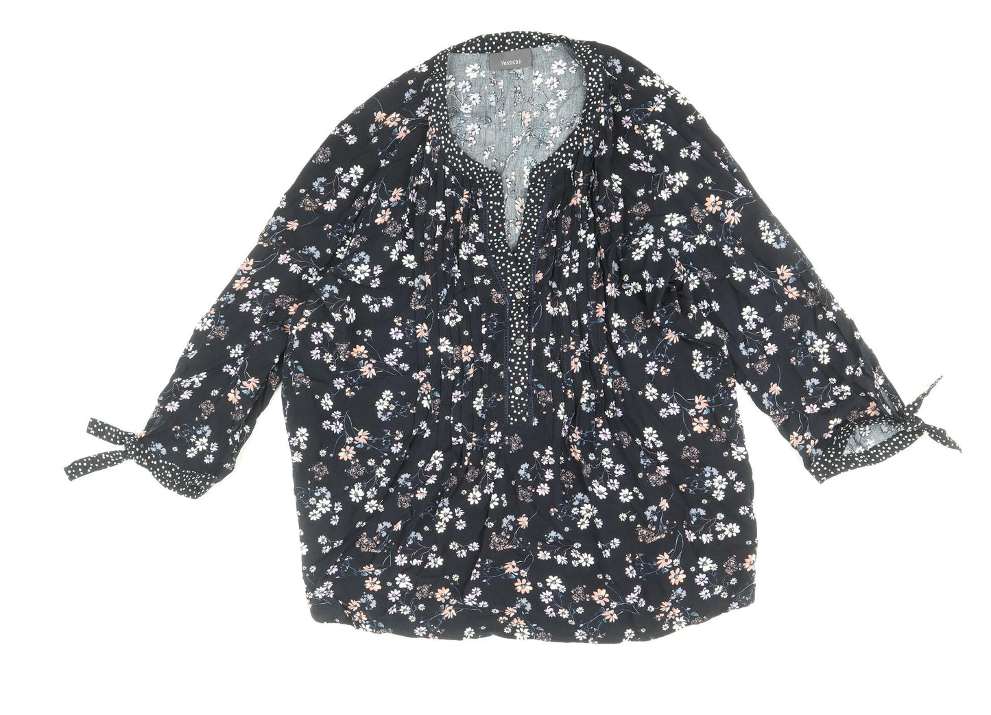 Yessica Womens Blue Floral Viscose Basic Blouse Size 10 V-Neck - Tie Sleeve Detail