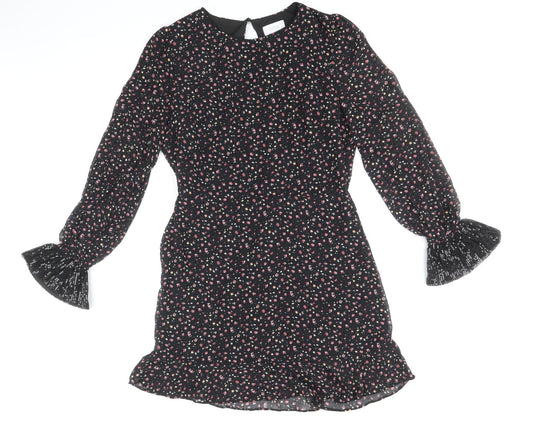 fuse Womens Black Floral Polyester Fit & Flare Size 14 Round Neck Button