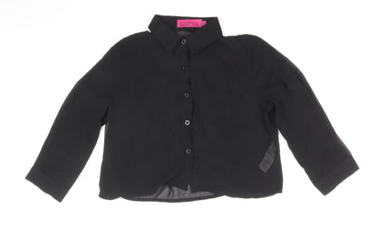 Boohoo Womens Black Polyester Cropped Button-Up Size 6 Collared - Chiffon Pleated Back