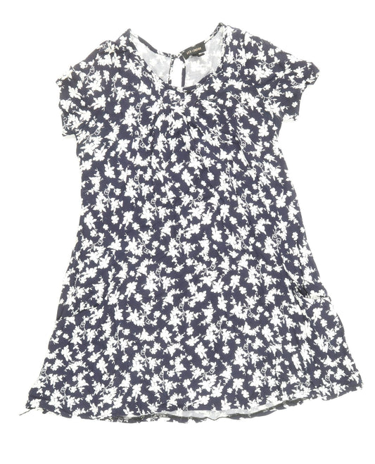QED London Womens Blue Floral Viscose Trapeze & Swing Size 10 Boat Neck Button