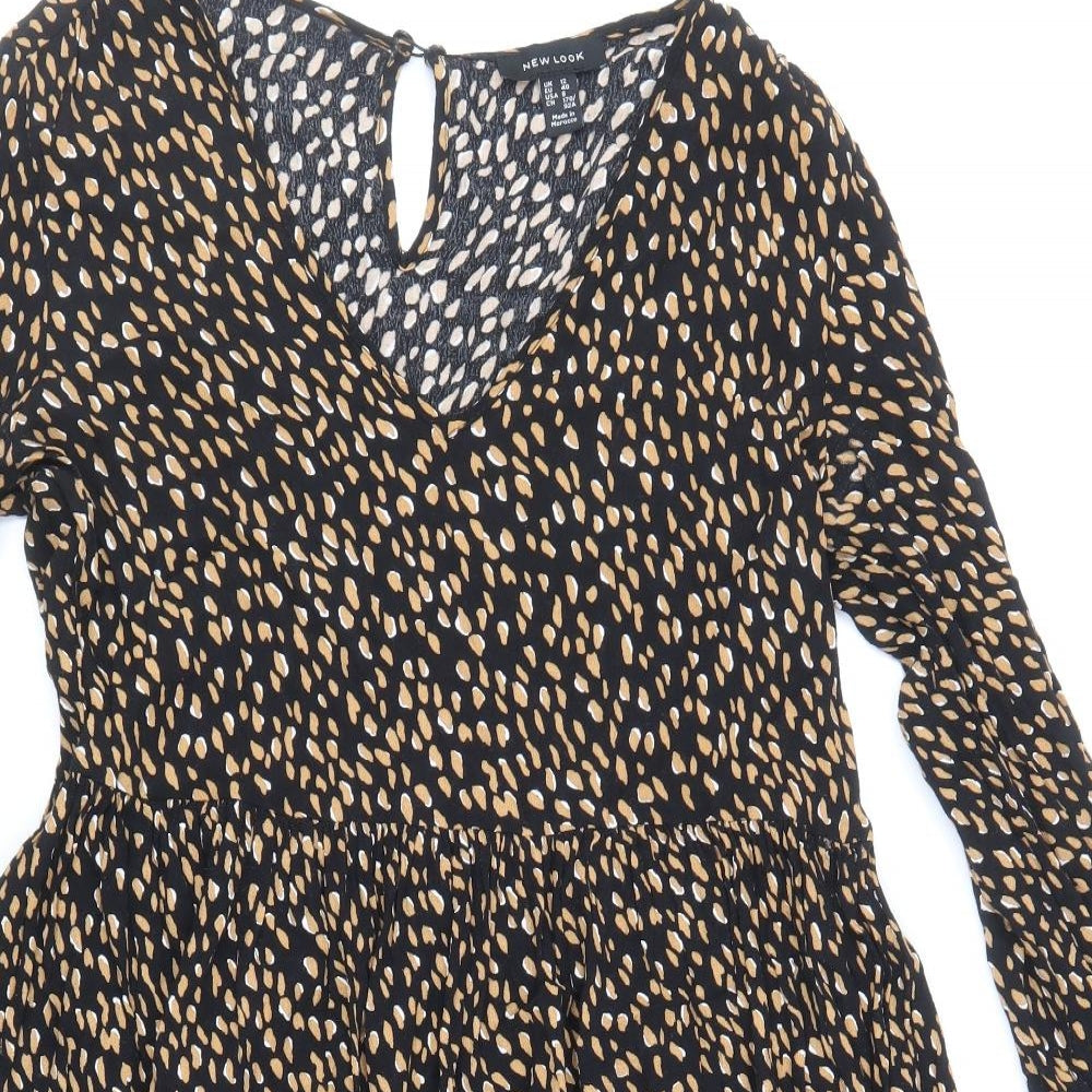New Look Womens Black Animal Print Viscose Fit & Flare Size 12 V-Neck Button - Cheetah Print