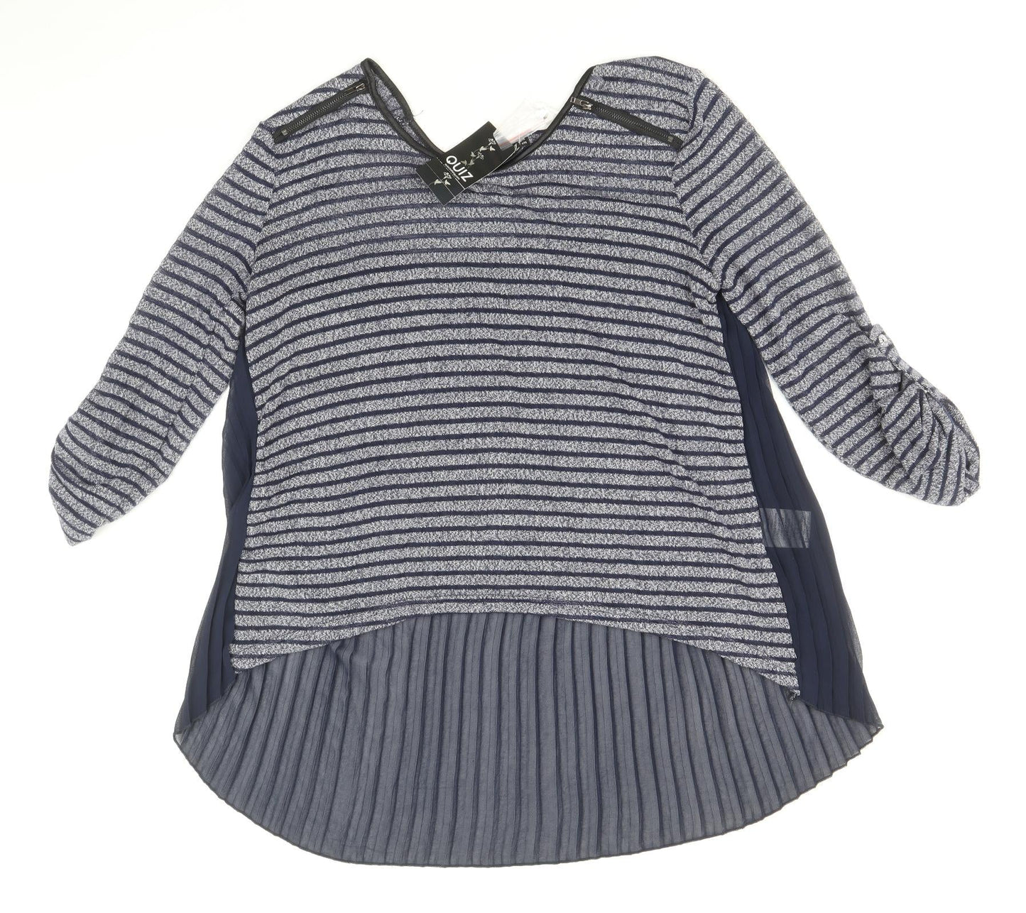 Quiz Womens Blue Striped Polyester Tunic Blouse Size 10 Scoop Neck - Chiffon Pleated Back