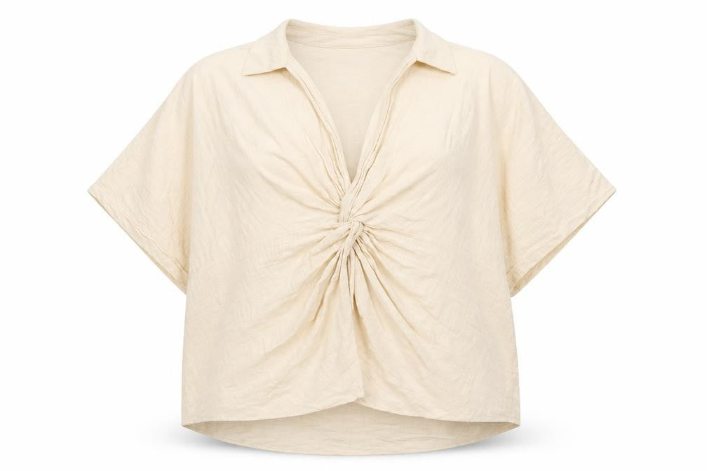 Zara Womens Beige Cotton Basic Blouse Size M Collared - Knot Front