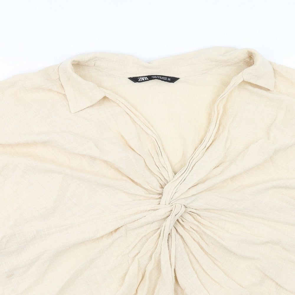 Zara Womens Beige Cotton Basic Blouse Size M Collared - Knot Front