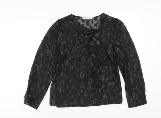 Zara Womens Black Animal Print Polyester Basic T-Shirt Size XS Round Neck - Leopard Print