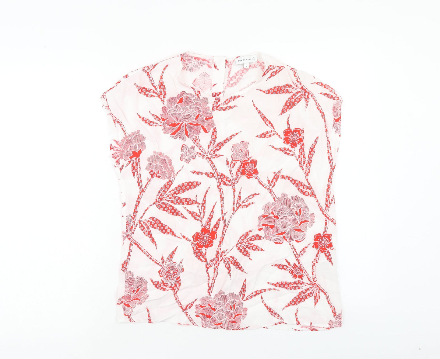 Warehouse Womens Red Floral Viscose Basic T-Shirt Size 6 Round Neck
