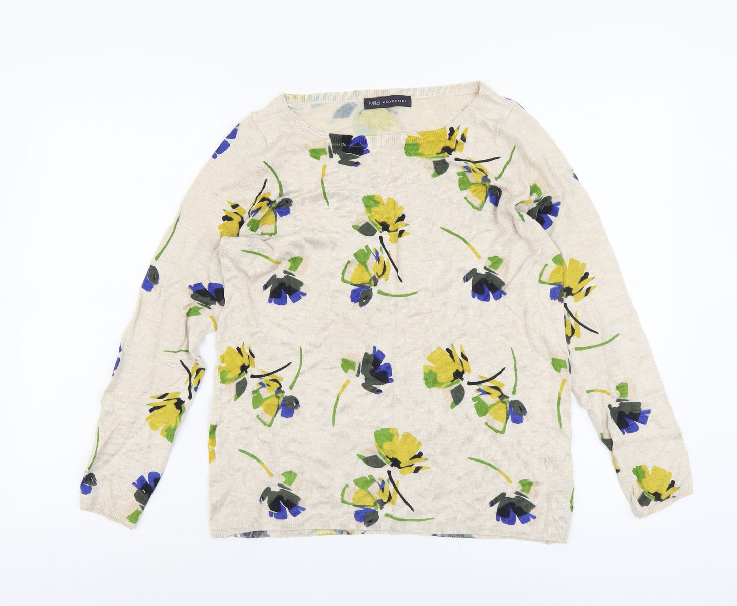 Marks and Spencer Womens Beige Boat Neck Floral Viscose Pullover Jumper Size 12