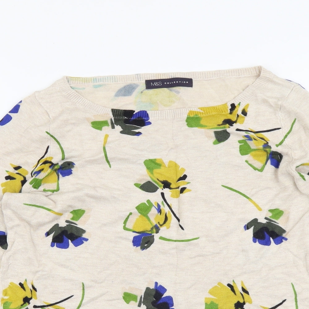 Marks and Spencer Womens Beige Boat Neck Floral Viscose Pullover Jumper Size 12