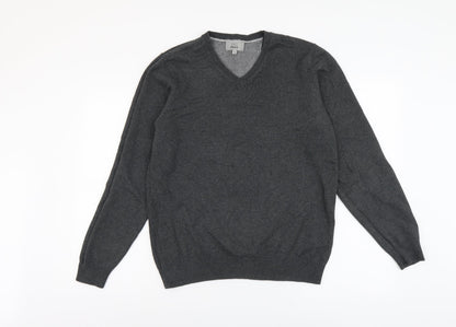 Marks & Spencer Mens Grey V-Neck Cotton Pullover Jumper Size S Long Sleeve