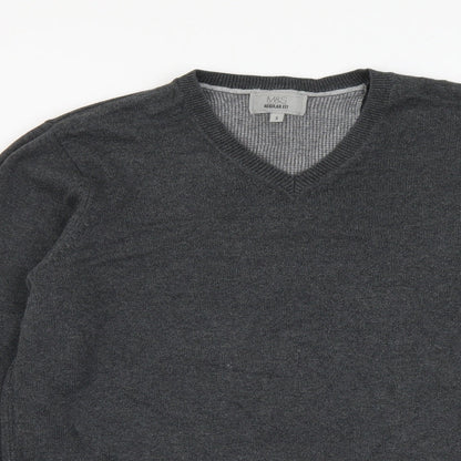 Marks & Spencer Mens Grey V-Neck Cotton Pullover Jumper Size S Long Sleeve