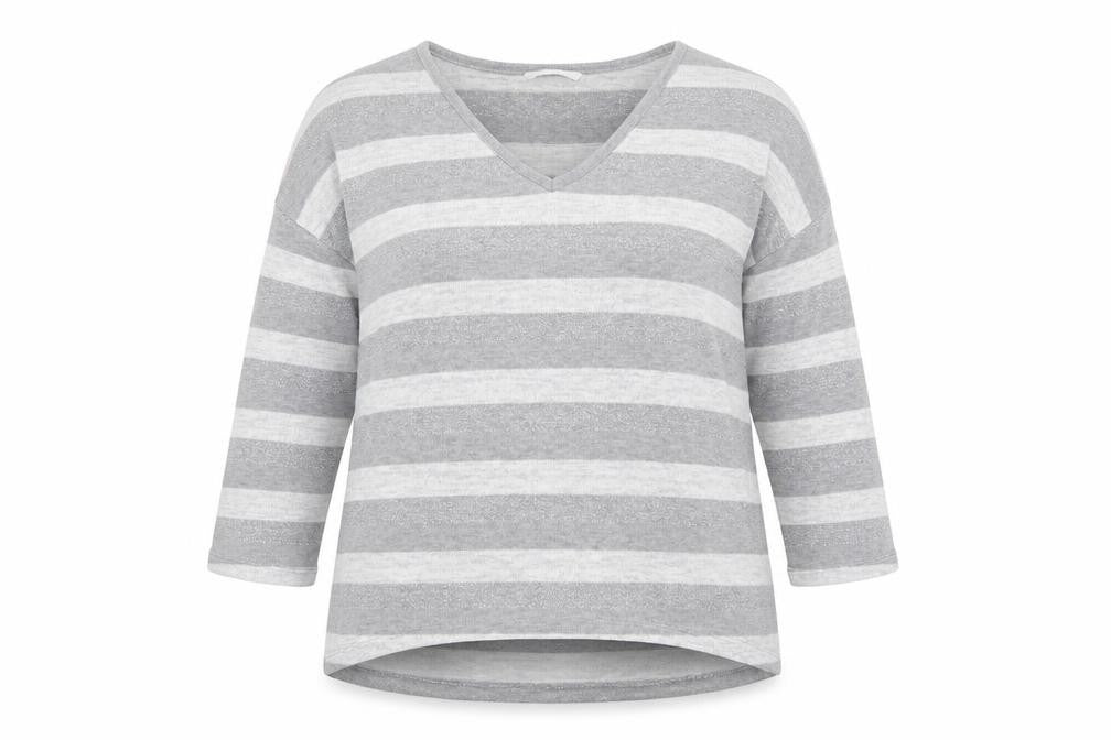 TU Womens Grey V-Neck Striped Polyester Pullover Jumper Size 16