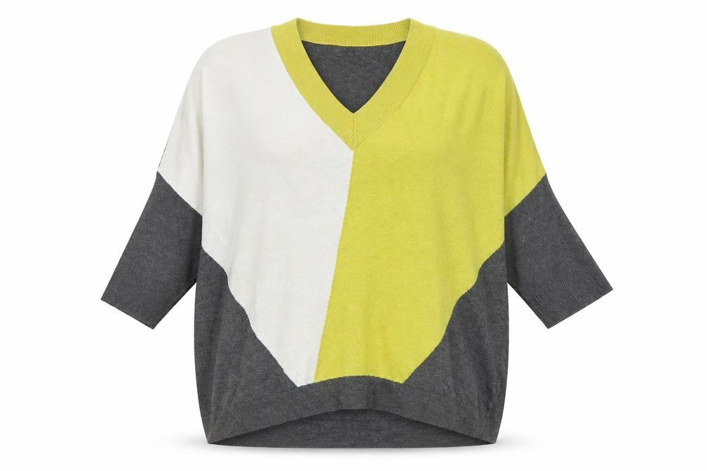 Marble Womens Multicoloured V-Neck Geometric Cotton Pullover Jumper Size 4 - Colourblock Drop Shoulder