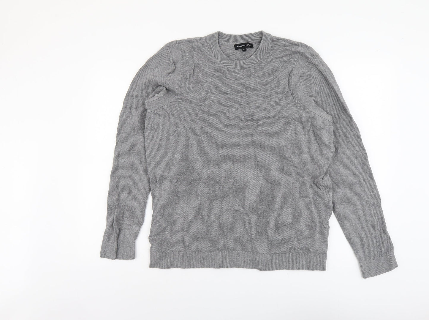 Red Herring Mens Grey Round Neck Cotton Pullover Jumper Size XL Long Sleeve