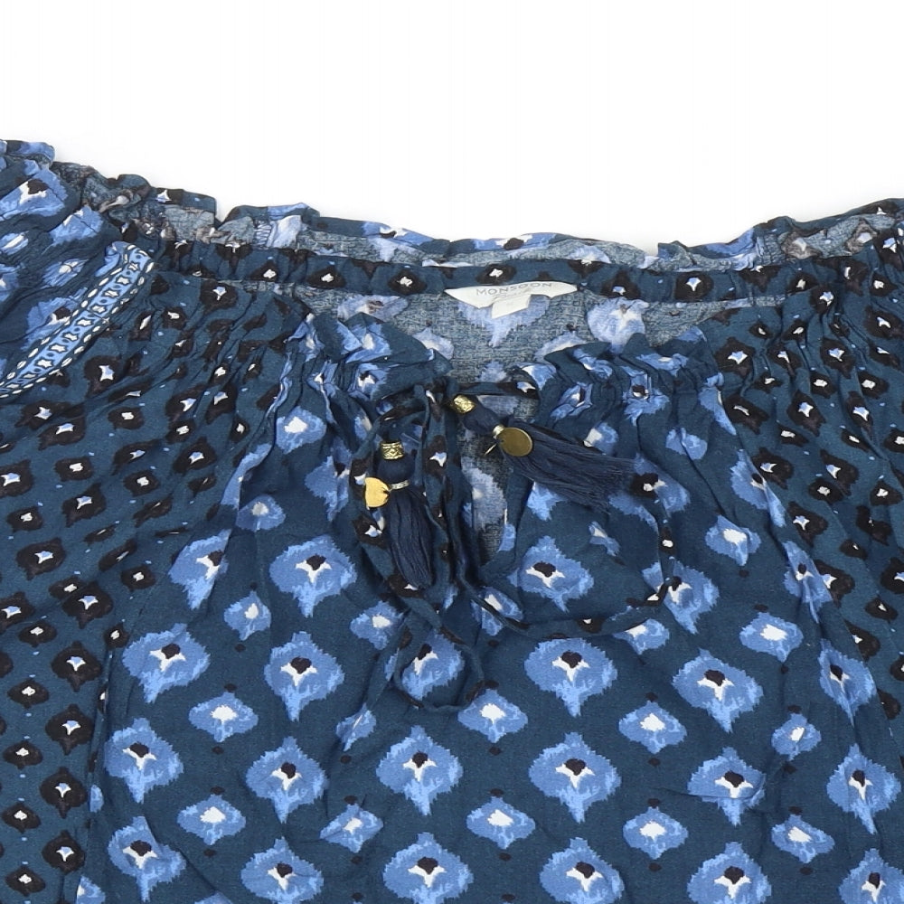 Monsoon Womens Blue Geometric Viscose Cropped Blouse Size S Boat Neck