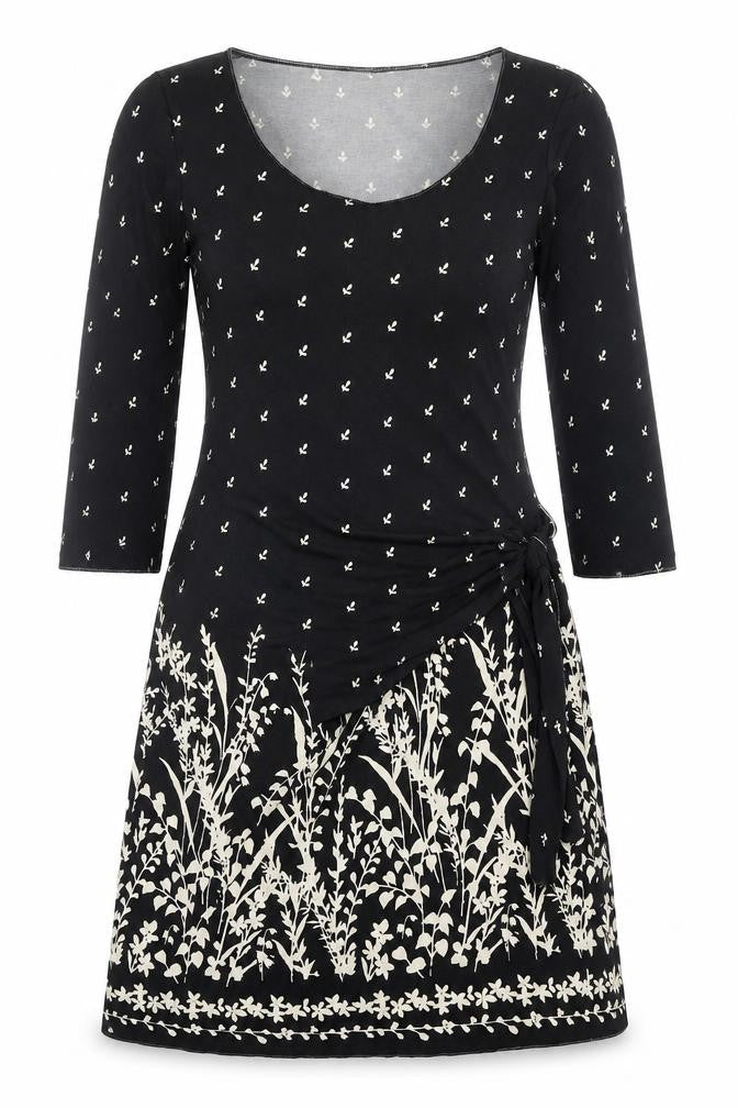 Studio Womens Black Floral Polyester A-Line Size S Scoop Neck Pullover