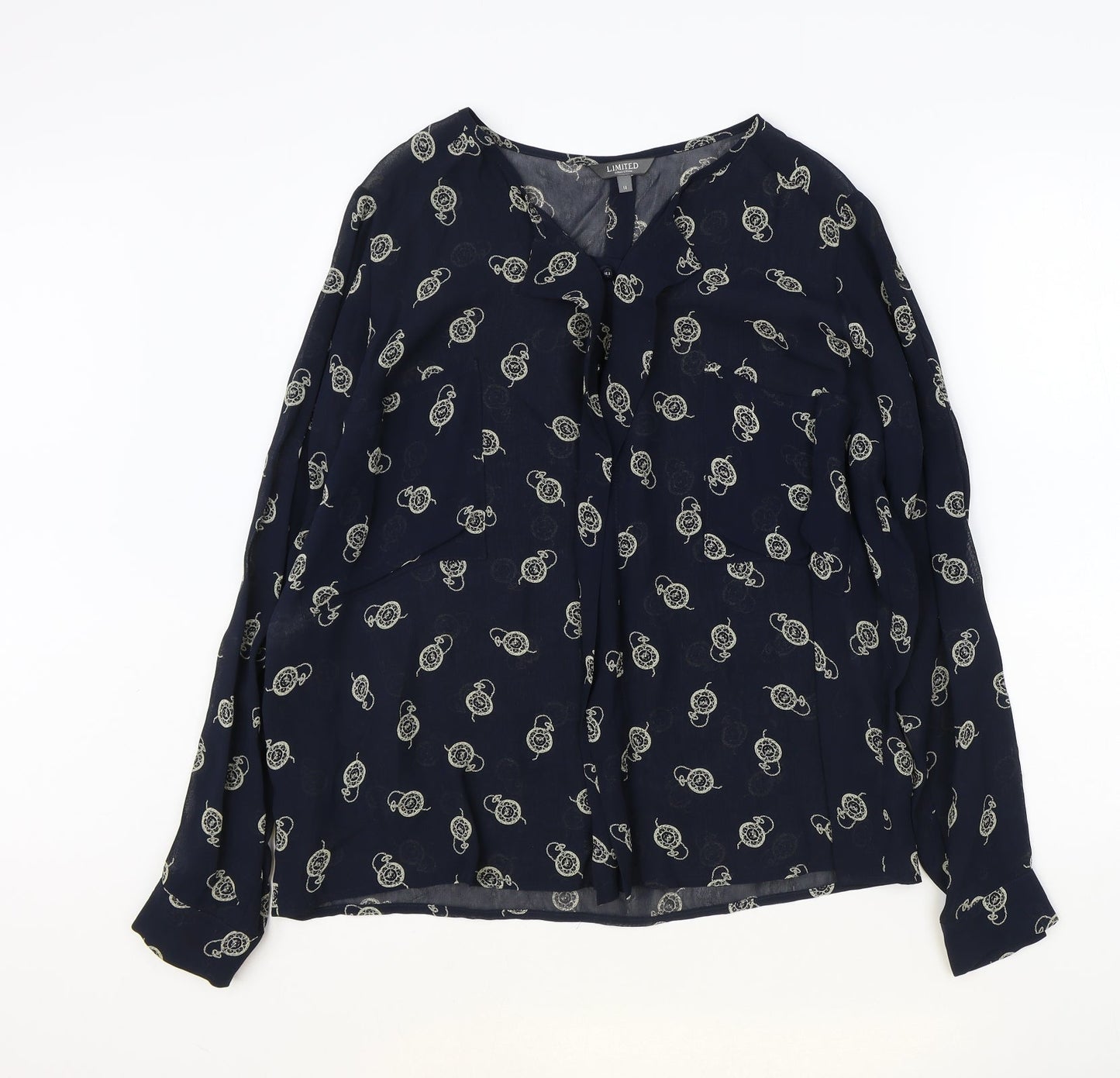 Marks and Spencer Womens Blue Geometric Viscose Basic Blouse Size 14 V-Neck