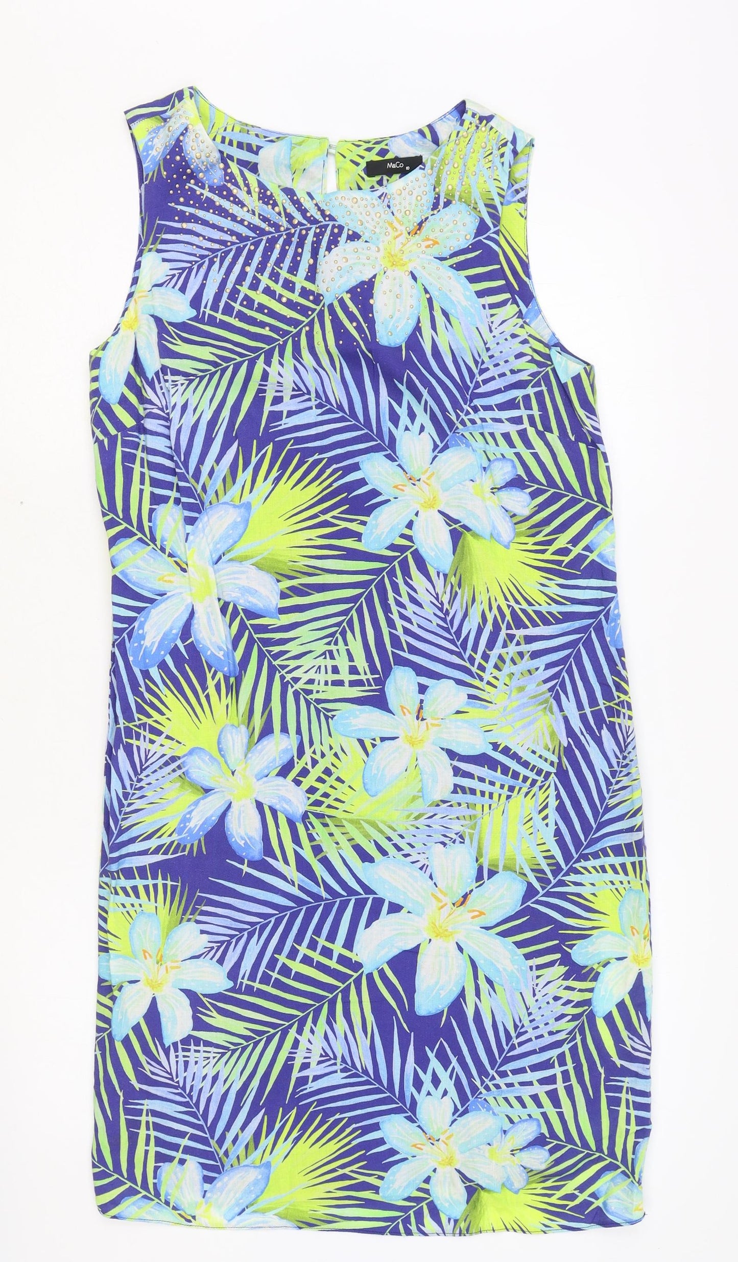 M&Co Womens Blue Floral Viscose Tank Dress Size 10 Boat Neck Button