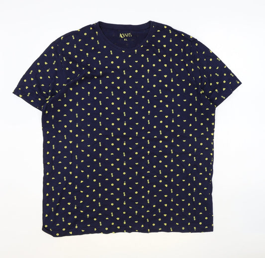 ACW85 Womens Blue Geometric 100% Cotton Basic T-Shirt Size XL Round Neck - Pineapple Pattern