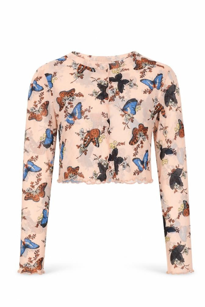 Primark Womens Pink Geometric Polyester Cropped Blouse Size XS Round Neck - Butterfly Pattern