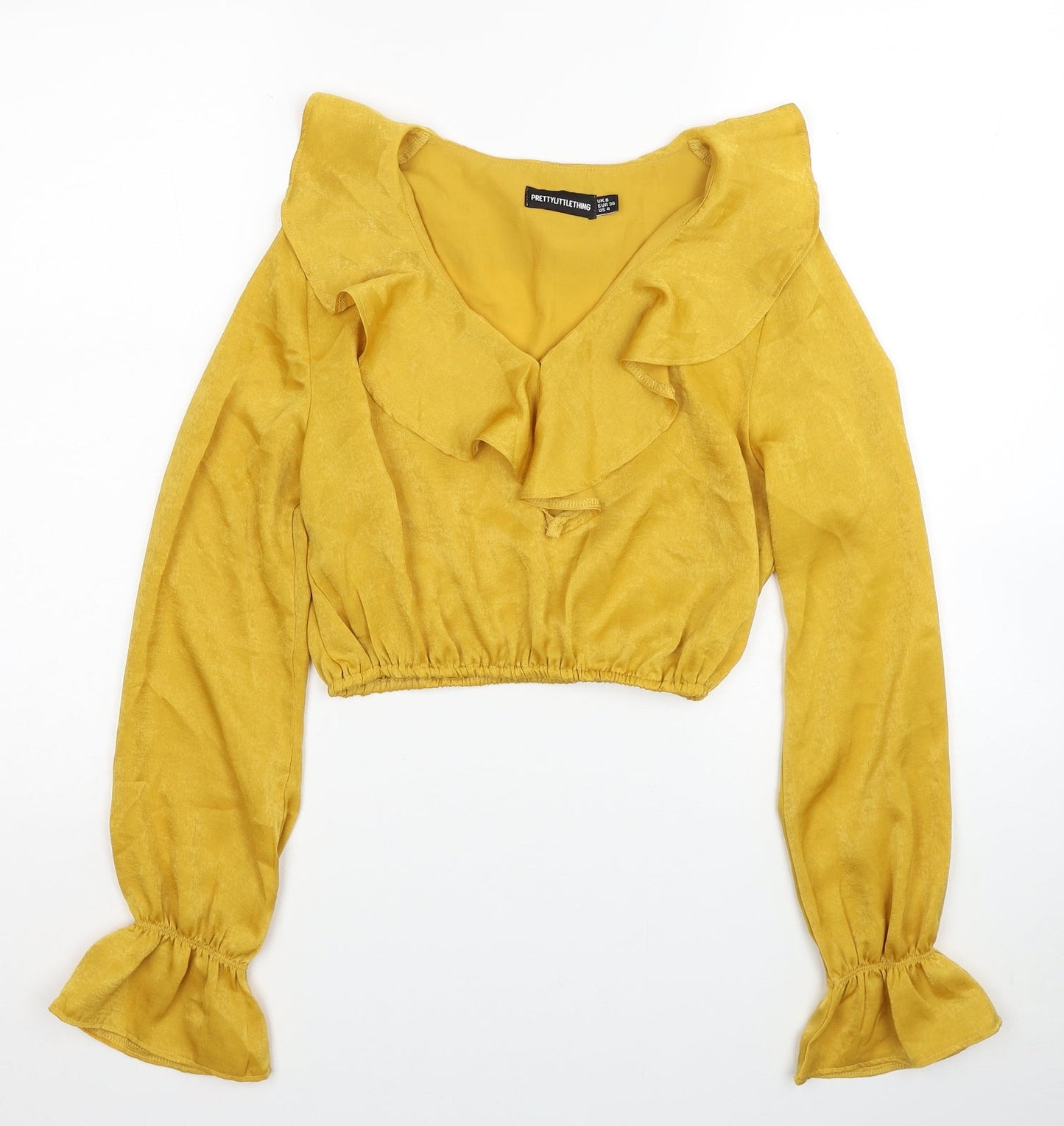 PRETTYLITTLETHING Womens Yellow Polyester Cropped Blouse Size 8 V-Neck - Elastic Hem