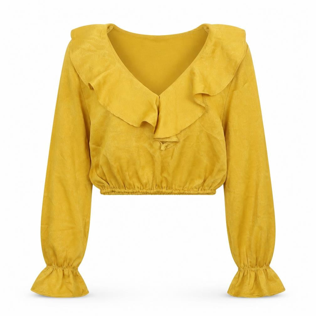 PRETTYLITTLETHING Womens Yellow Polyester Cropped Blouse Size 8 V-Neck - Elastic Hem