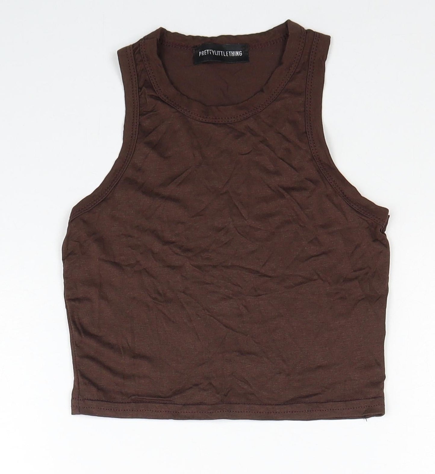 PRETTYLITTLETHING Womens Brown Viscose Basic Tank Size 4 Round Neck