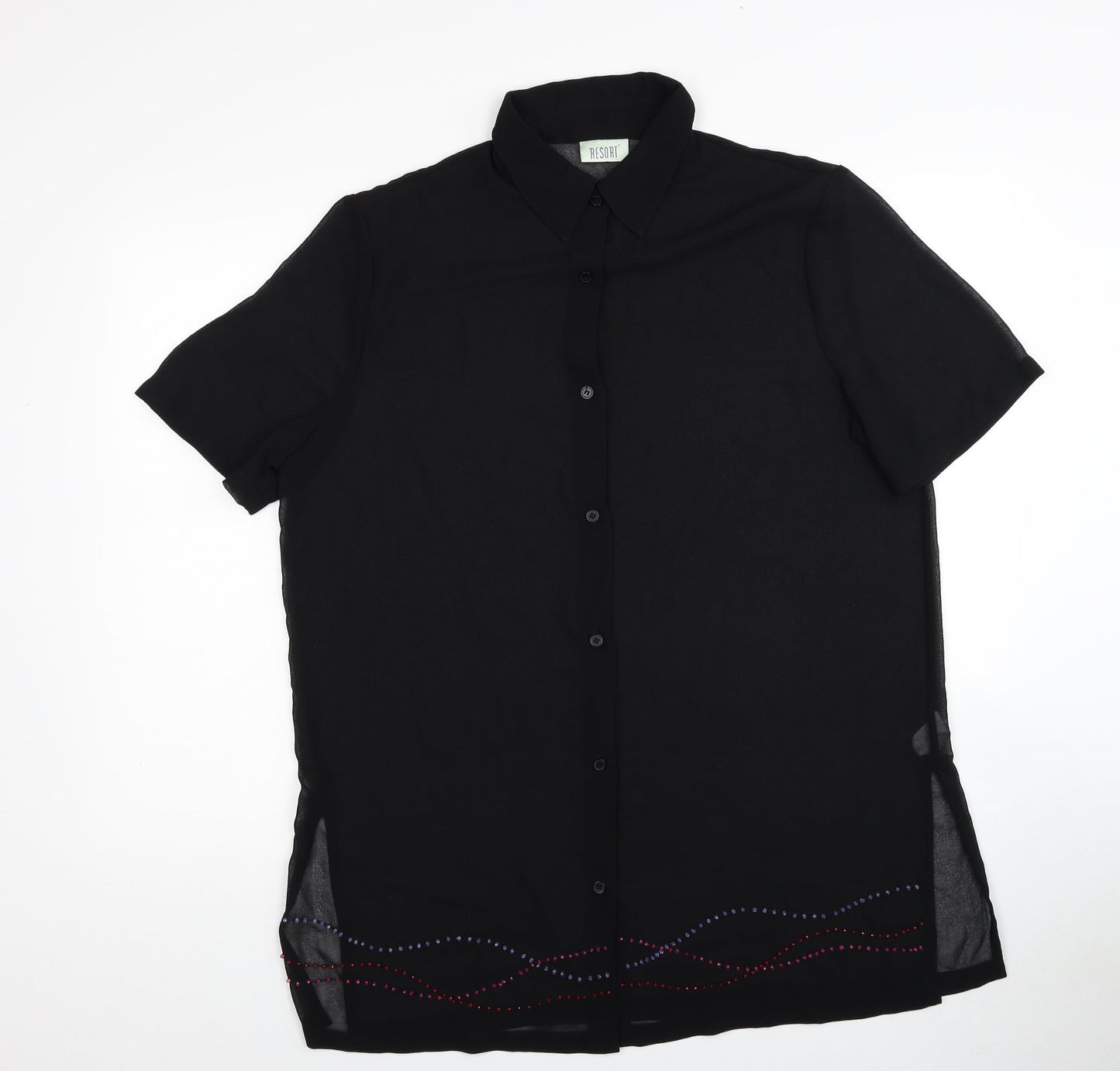 Resort Womens Black Polyester Basic Button-Up Size 14 Collared