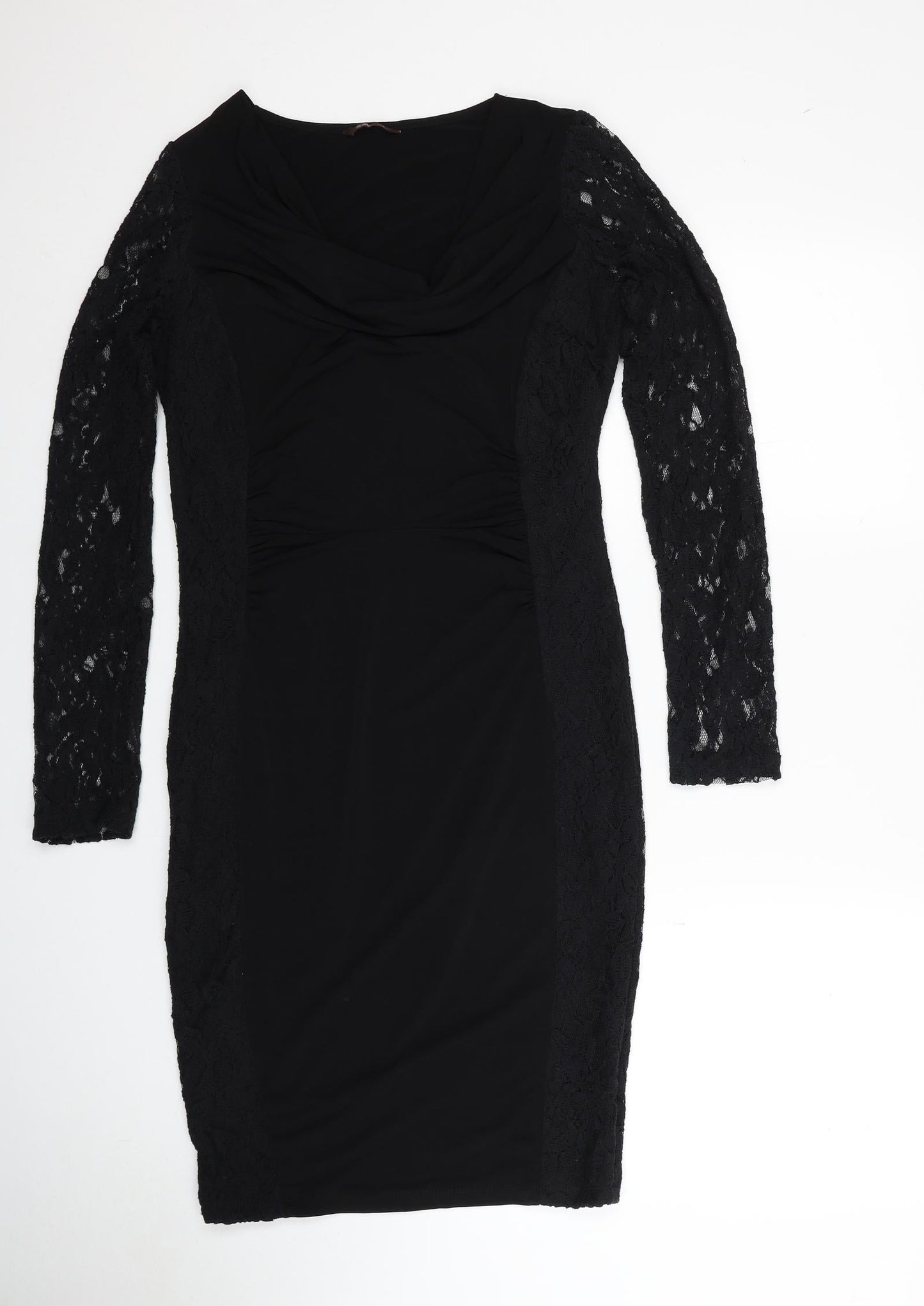 Savoir Womens Black Polyester Bodycon Size 10 Cowl Neck Pullover - Lace Sleeves