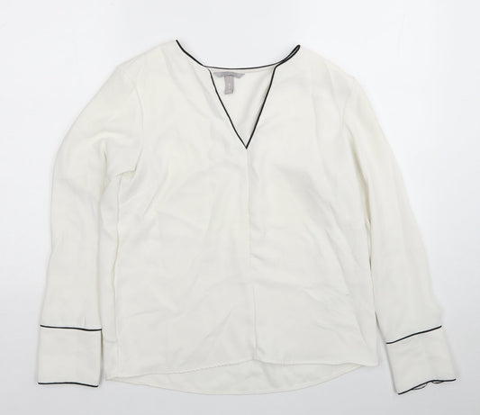H&M Womens White Polyester Basic Blouse Size 10 V-Neck