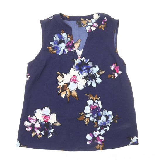 VERO MODA Womens Blue Floral Viscose Basic Tank Size L V-Neck