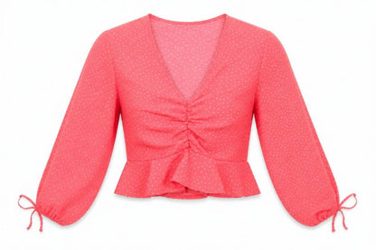Primark Womens Red Polka Dot Polyester Cropped Blouse Size 4 V-Neck