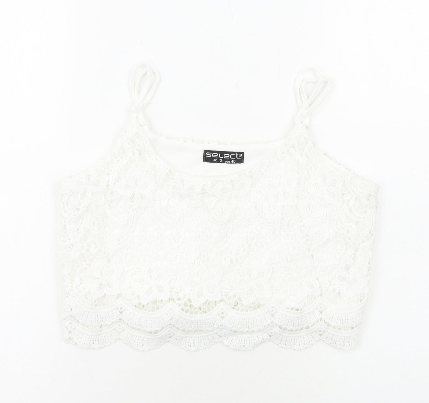 Select Womens White Geometric Viscose Cropped Tank Size 12 Round Neck