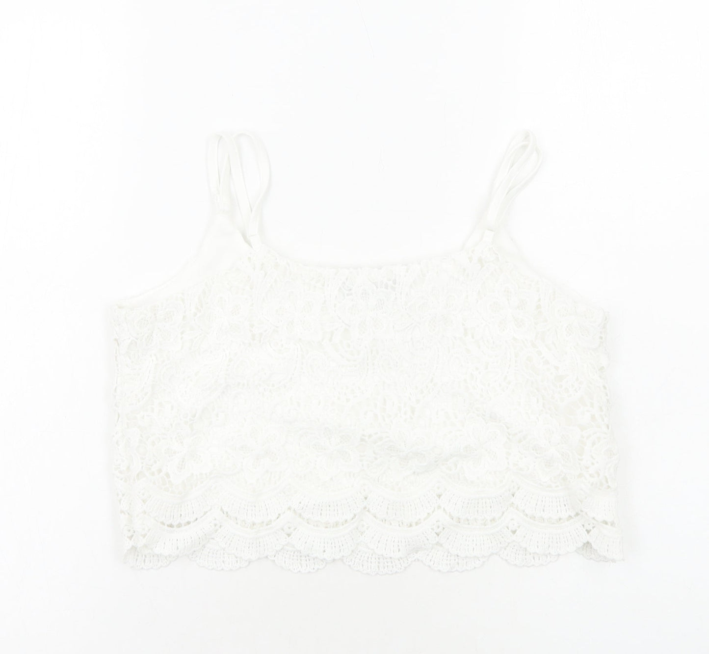 Select Womens White Geometric Viscose Cropped Tank Size 12 Round Neck