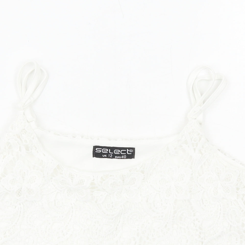 Select Womens White Geometric Viscose Cropped Tank Size 12 Round Neck