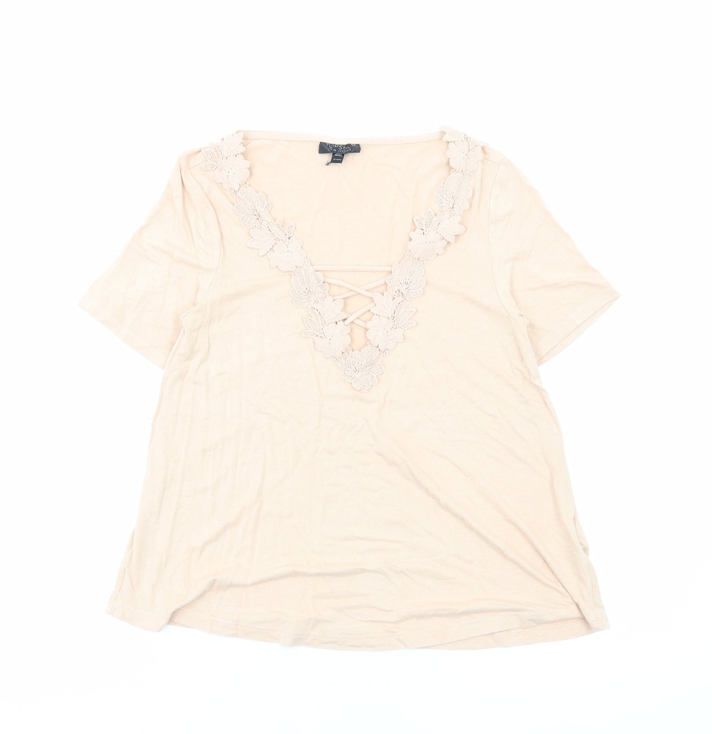 Topshop Womens Beige Viscose Basic T-Shirt Size 8 V-Neck - Floral Detail