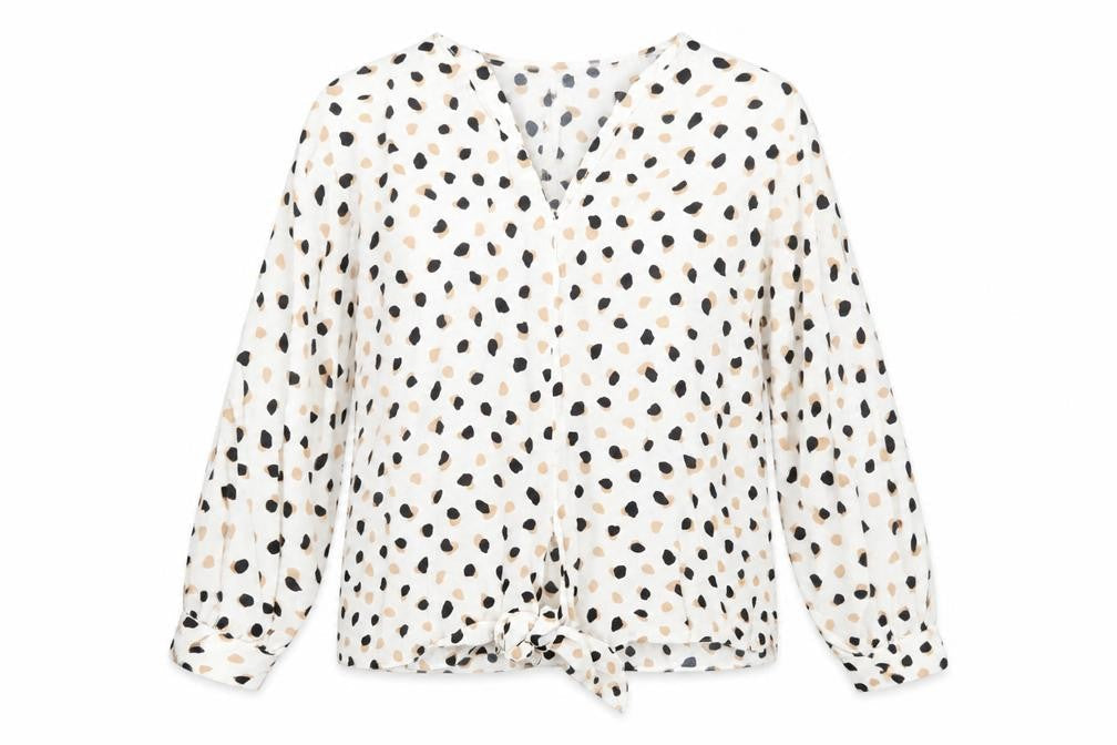 New Look Womens Beige Geometric Polyester Basic Blouse Size 6 V-Neck - Knot Front
