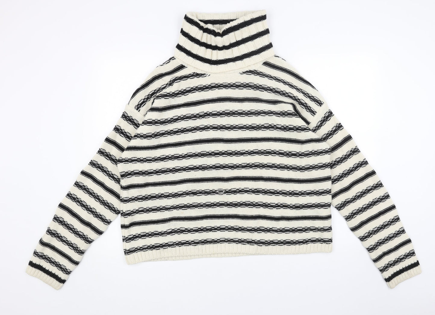 H&M Womens White Roll Neck Striped Acrylic Pullover Jumper Size S