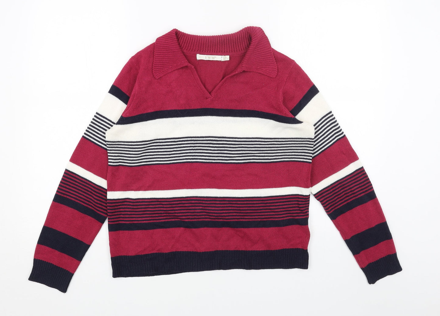 EWM Womens Pink Collared Striped Acrylic Pullover Jumper Size S
