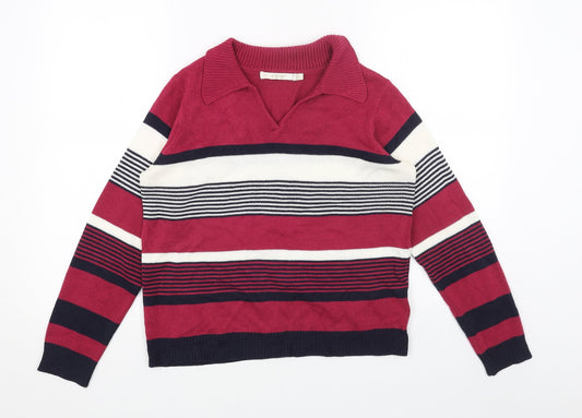 EWM Womens Pink Collared Striped Acrylic Pullover Jumper Size S