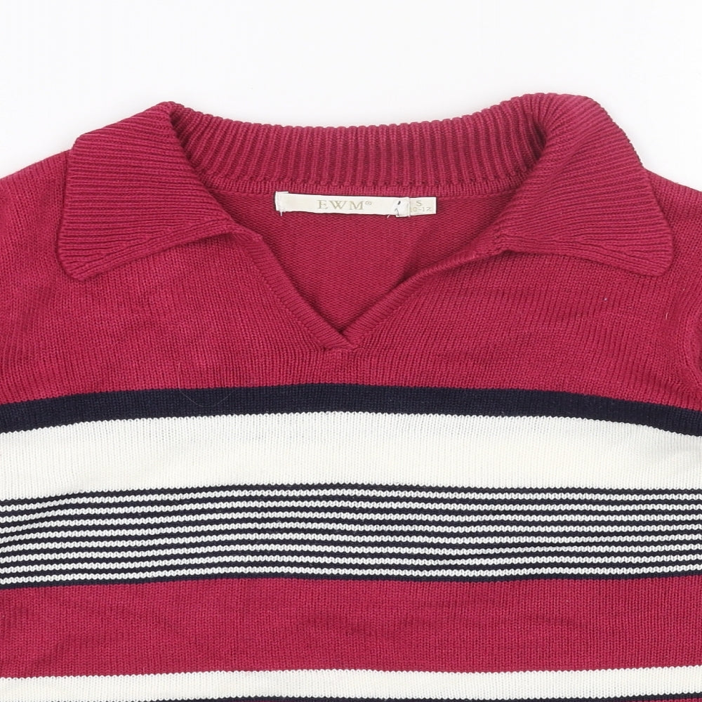 EWM Womens Pink Collared Striped Acrylic Pullover Jumper Size S