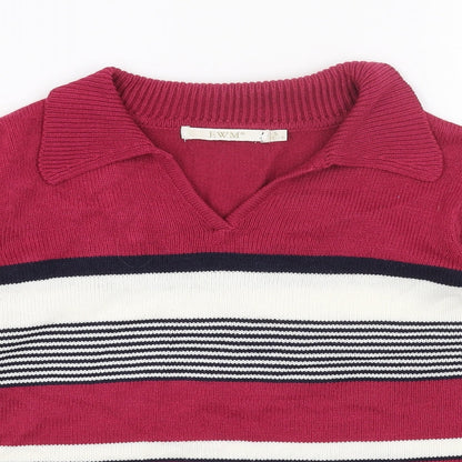EWM Womens Pink Collared Striped Acrylic Pullover Jumper Size S