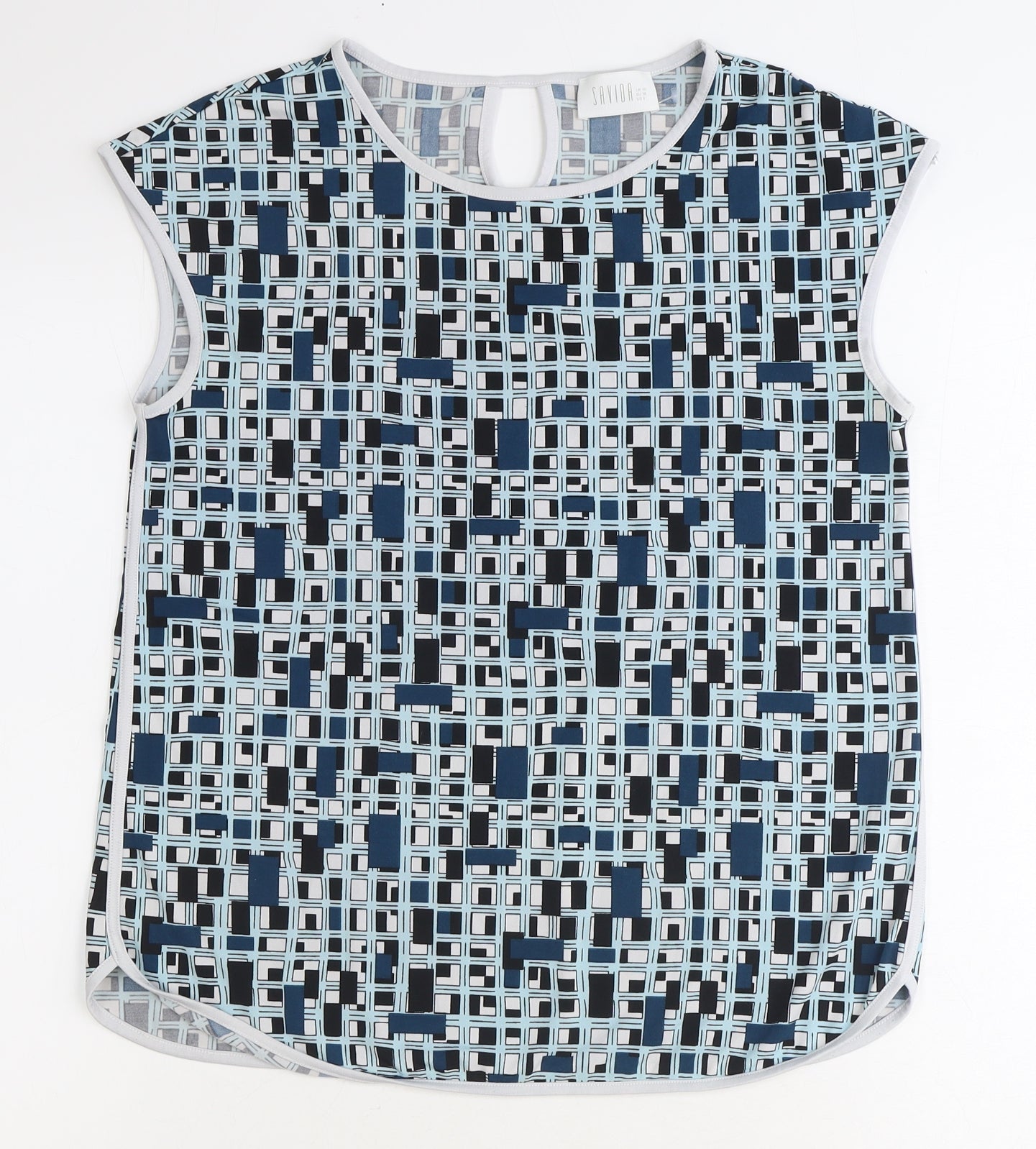 Savida Womens Blue Geometric Polyester Basic T-Shirt Size 10 Round Neck