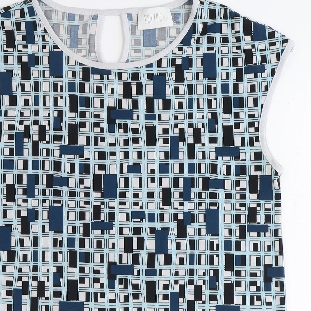 Savida Womens Blue Geometric Polyester Basic T-Shirt Size 10 Round Neck