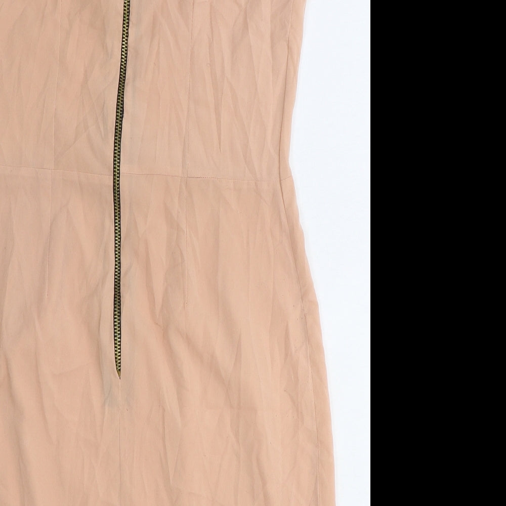 New Look Womens Pink Herringbone Polyester Pencil Dress Size 12 Boat Neck Zip - Pleat Detail