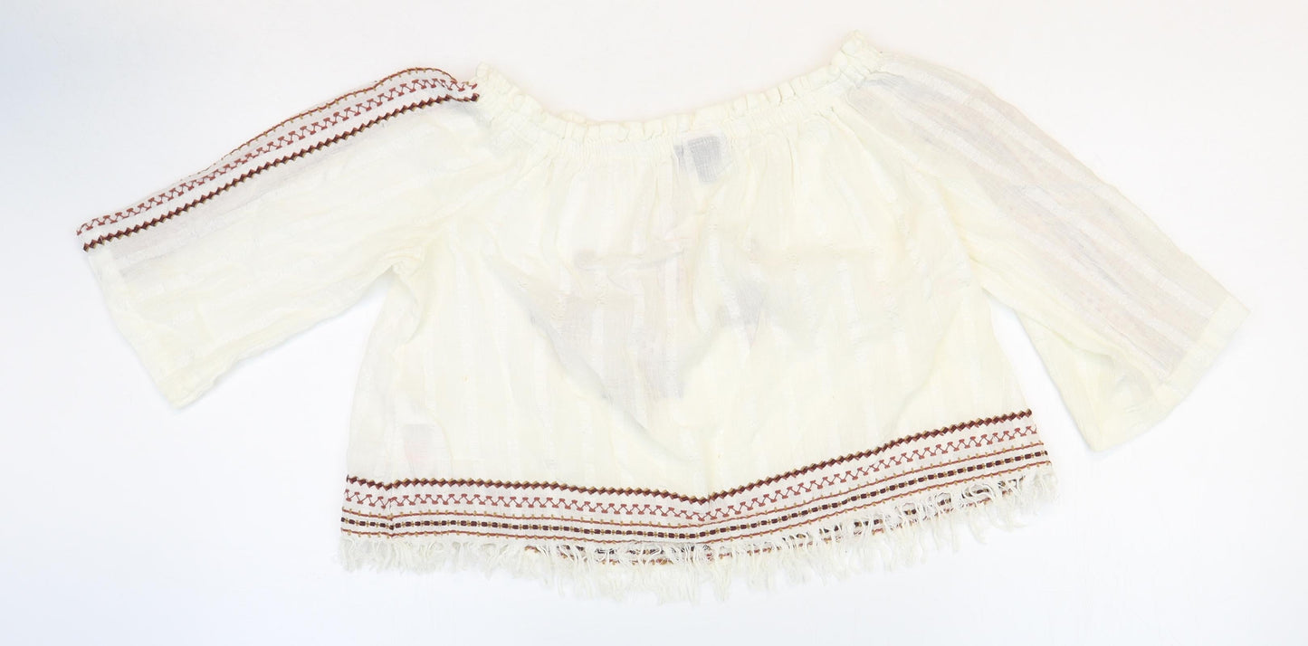 Topshop Womens White Geometric Cotton Cropped Blouse Size 6 Off the Shoulder - Bardot